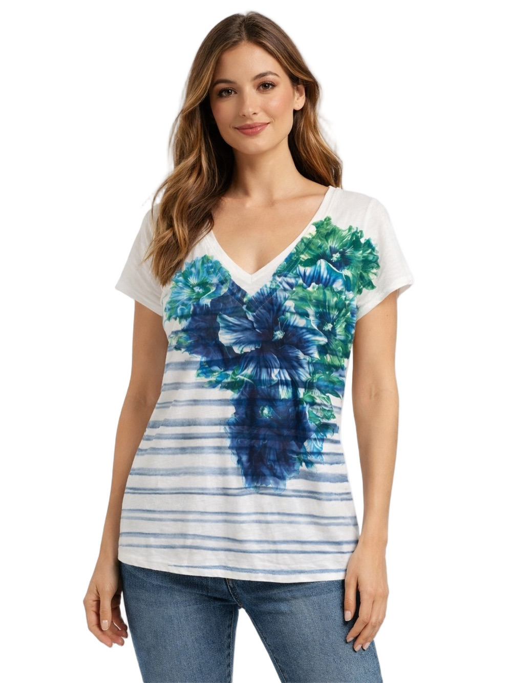 New York & Company V-Neck Floral Stripe Tee - Blue & Green